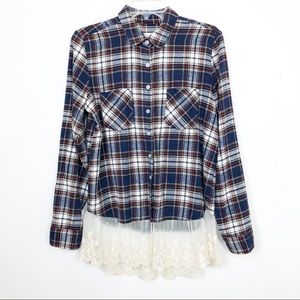 Altar’d State Flannel Button Down Top Lace Trim- M
